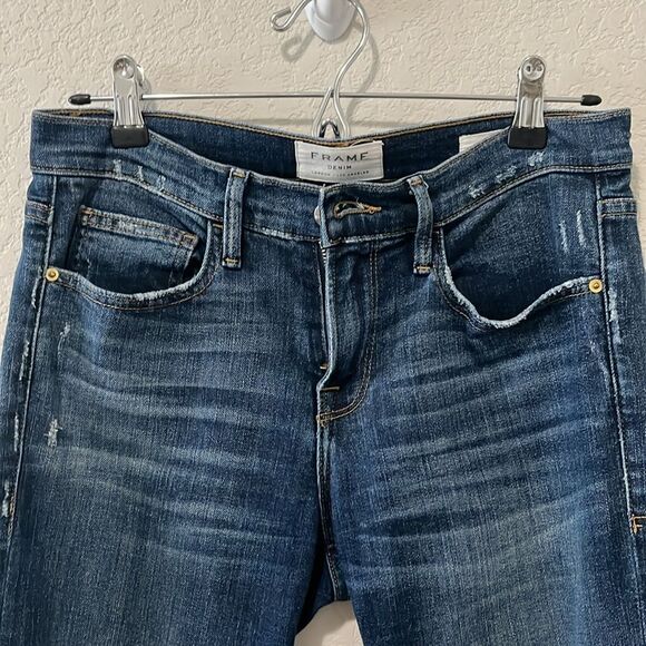 FRAME Denim Le Boy Jeans High Rise Burnett Raw Hem w Slit Gold Rivets, Size 25 - Picture 7 of 12